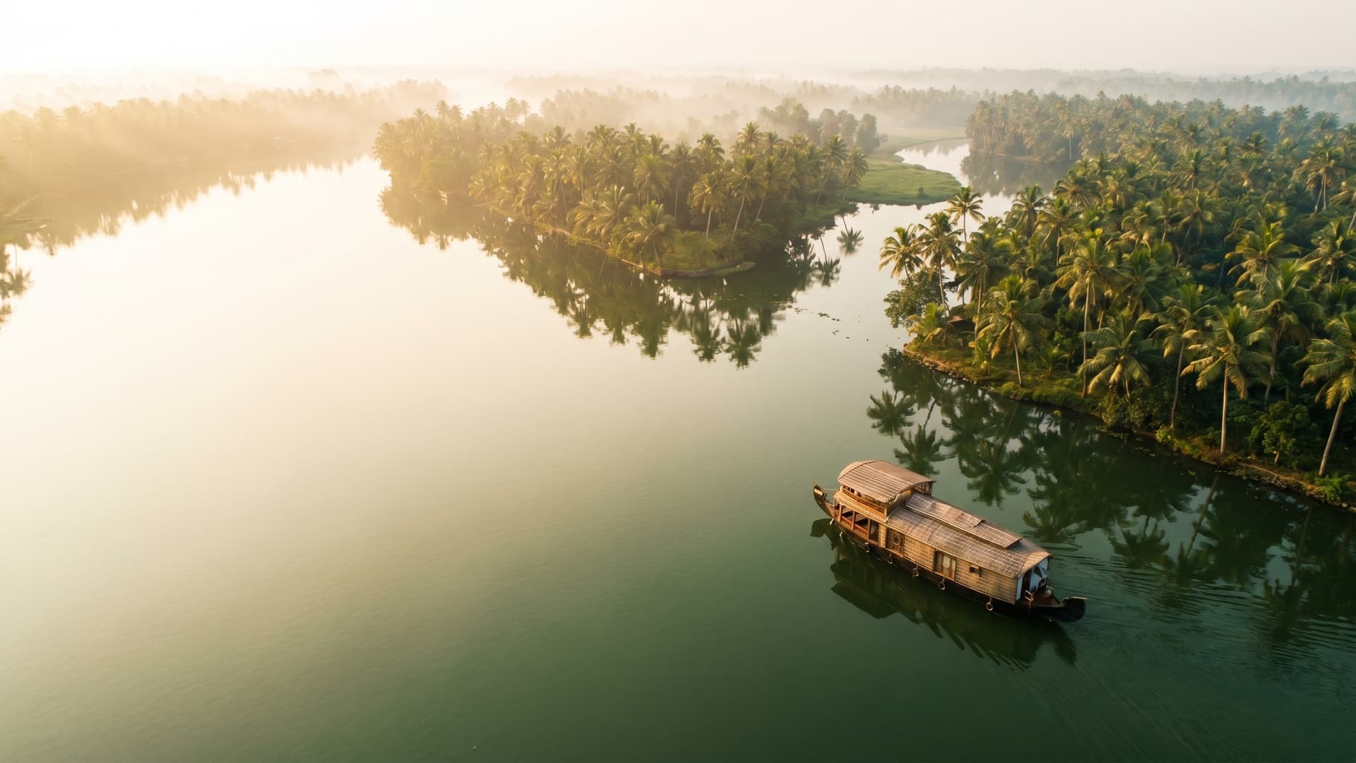 Golden-hour aerial view of the Kerala backwaters with a houseboat